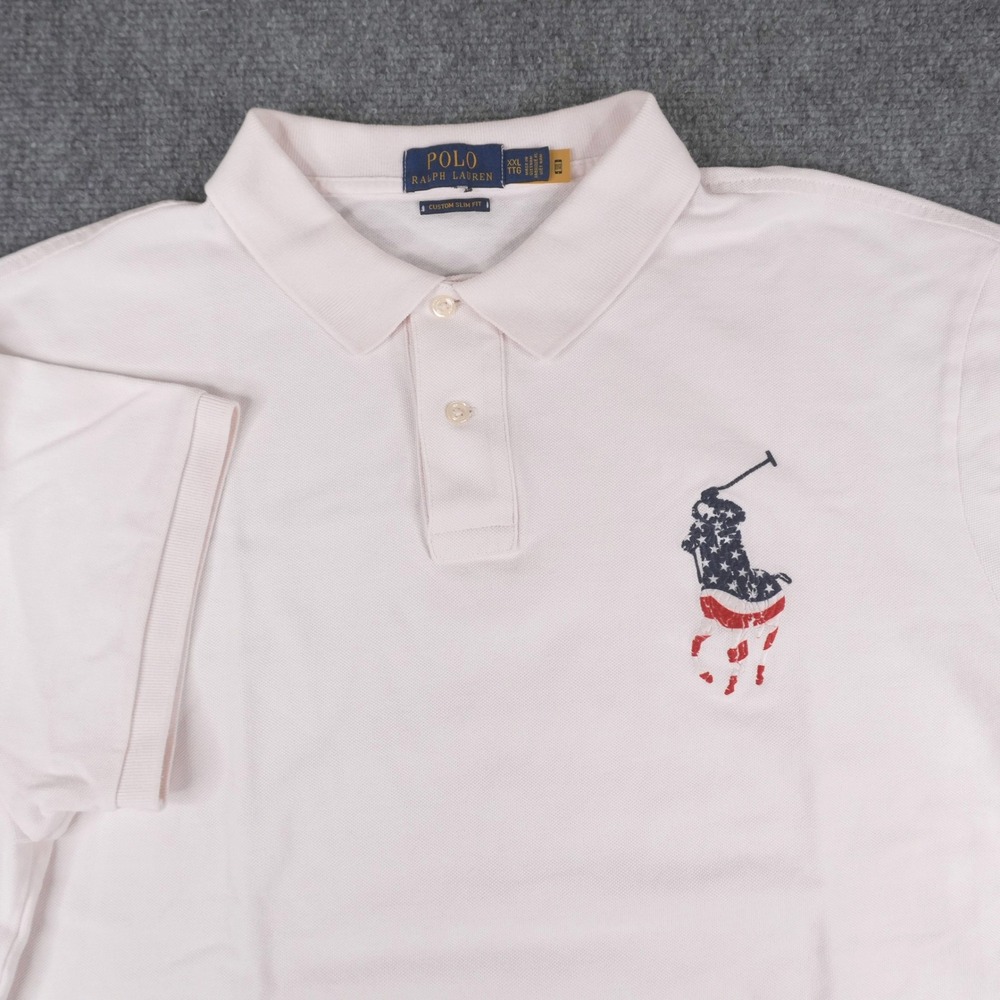 Polo Ralph Lauren Polo Shirt Mens XXL White Big Pony American Flag Custom Slim